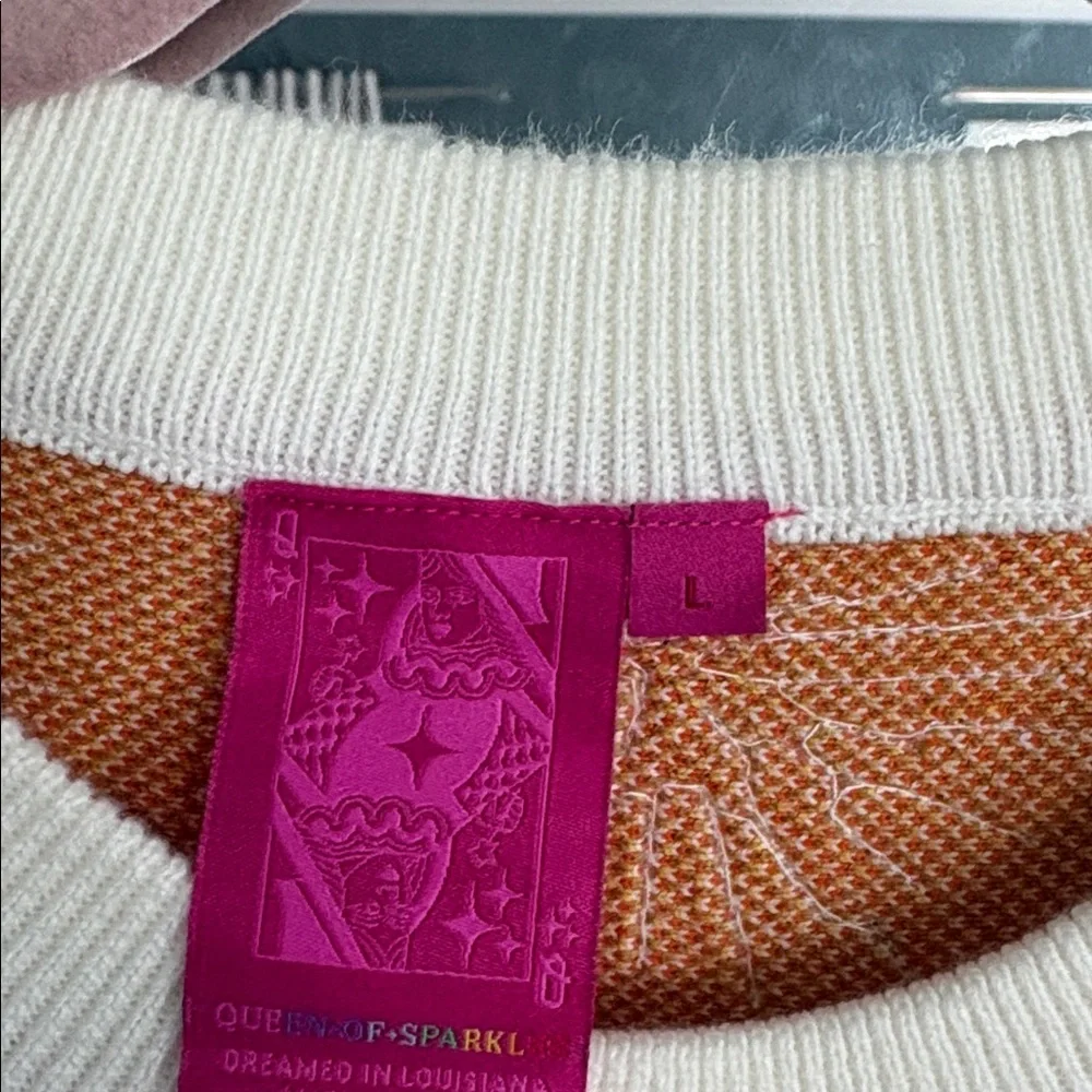 QUEEN OF SPARKLES Cream Sweater with Pink Tag and Orange Knit Detail - Picture 2 of 4